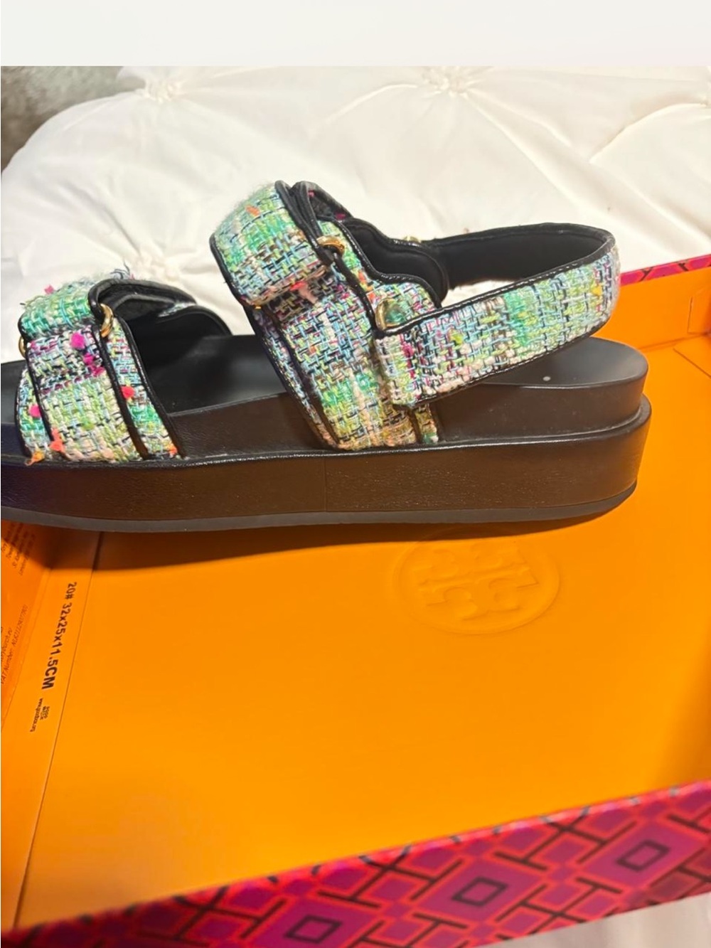 Tory Burch Kira tweed Green Pink and Orange Patterned sandal NWT - Picture 3 of 3